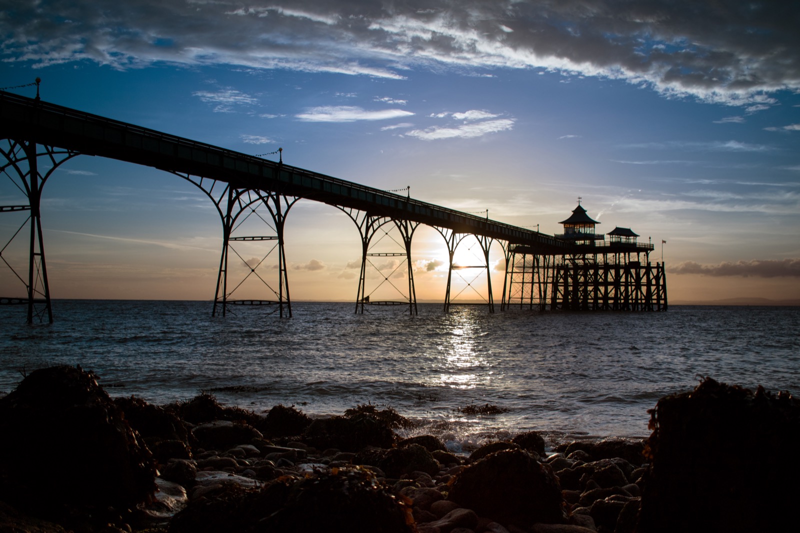 Clevedon Pier silhouetted against a September sunset over the Bristol Channel